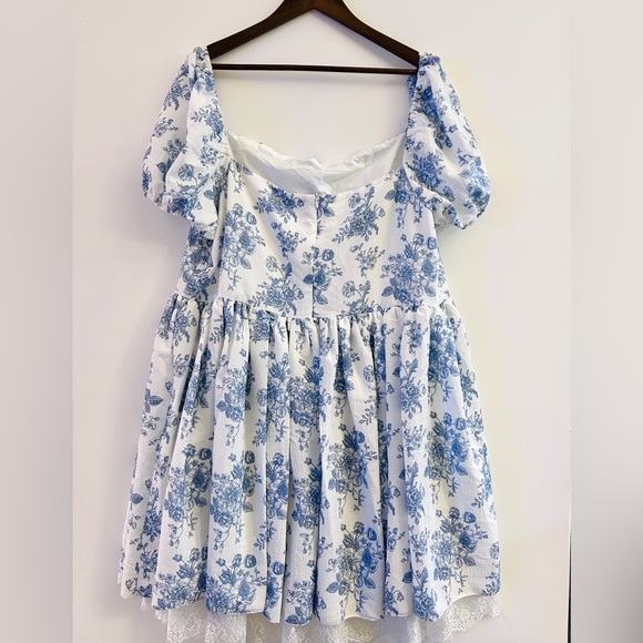 🌿 CIDER Cottage Core Blue Toile Floral Puff Sleeve Mini Dress 2XL - Picture 7 of 10